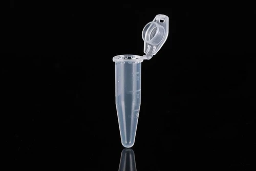 Clear plastic 1.5ml microcentrifuge tube standing upright with an open lock cap against a black background.