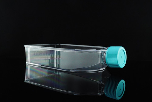 A clear plastic NEST T150 U-shaped cell culture flask with a teal plug seal cap, resting horizontally on a black surface.
