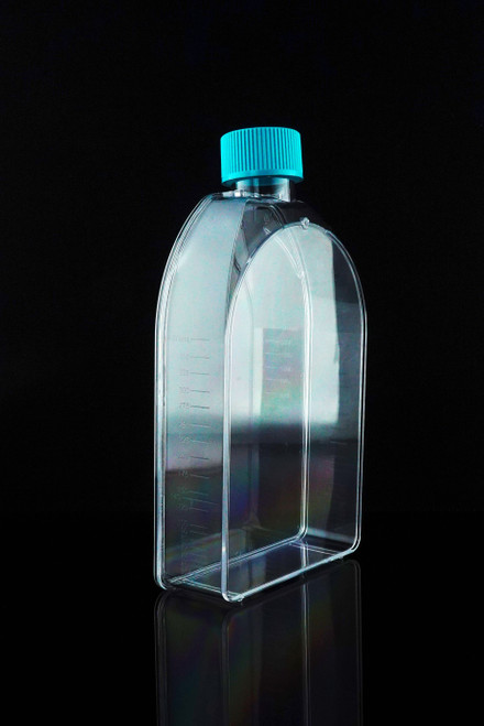A clear U-shaped polystyrene cell culture flask with a turquoise vent cap against a black background.