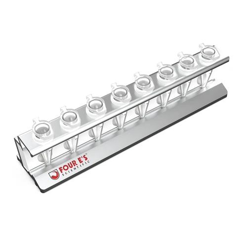 Silver anodized aluminum magnetic separation rack holding eight 1.5ml tubes with the Four E's logo.