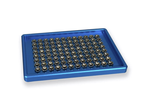 Blue anodized aluminum magnetic bead separation rack with 96 wells, viewed from an angle.