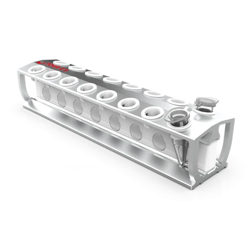 Silver aluminum 16-hole magnetic separation rack holding two microcentrifuge tubes.