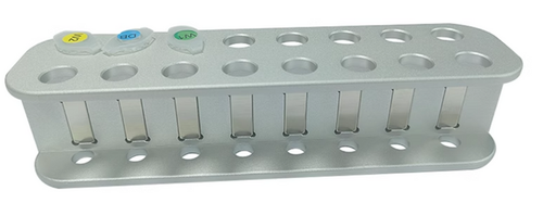 Silver anodized aluminum 16-hole magnetic rack with two rows of tube slots and three small microcentrifuge tubes.