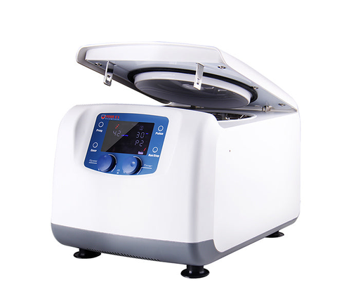 4E's white clinical centrifuge with an open lid, angled control panel, digital LED display, and two blue adjustment knobs.
