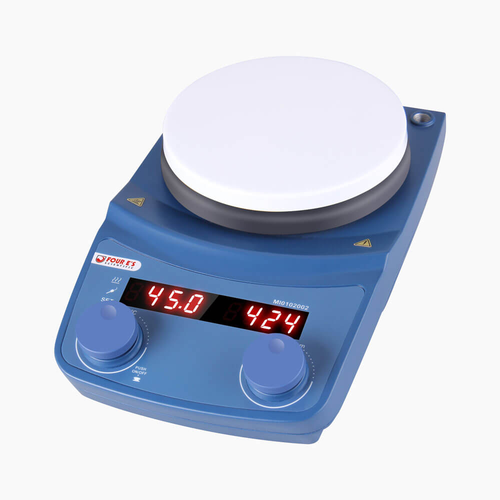 Blue digital LED hotplate magnetic stirrer with white 5-inch ceramic-coated aluminum heating plate and two control knobs.