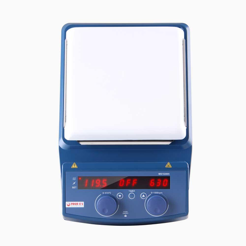 Blue and white 4E's LED hotplate magnetic stirrer with control knobs and digital display viewed from above.