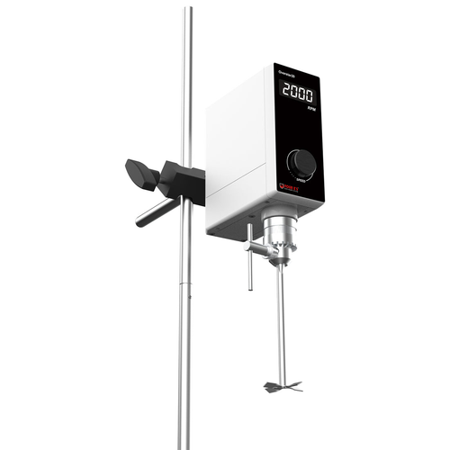 A white and black 4E's overhead stirrer mounted on a metal stand, displaying 2000 RPM on its digital screen with a
