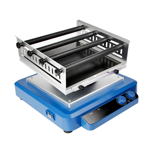 Blue 4E's LED digital 3D laboratory shaker with silver adjustable tube platform on top.