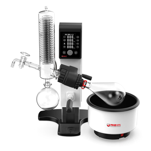 4E's rotary evaporator with LED display, vertical glass condenser, sample flask, and white heating bath.