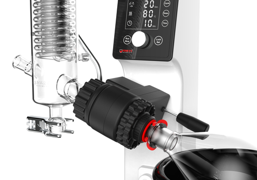 Close-up of the 4E's rotary evaporator, showing the digital control panel, condenser, and 1000mL glassware.
