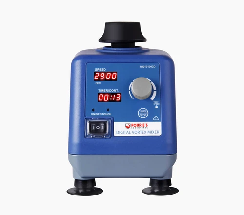 Blue and gray 4E's digital vortex mixer with an LED display, control knob, and suction feet.