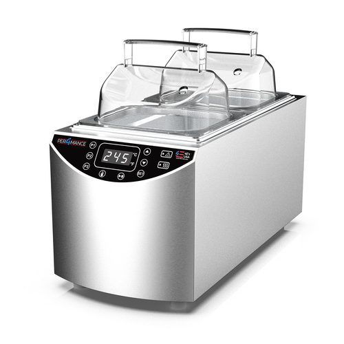 Stainless steel 4E's P4M dual-chamber water bath with clear gable lids and digital display.