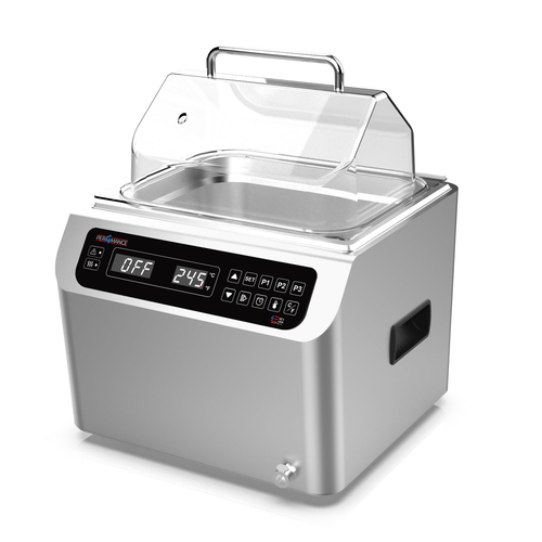 Silver 4E's P4M laboratory water bath with a clear gable lid, digital control panel, and stainless steel housing.