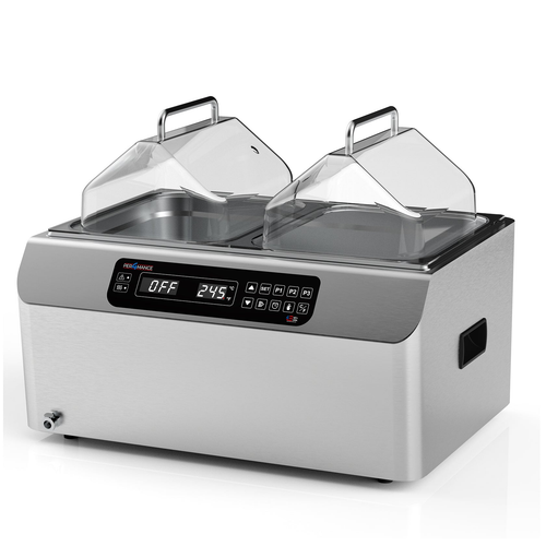 Stainless steel dual-chamber laboratory water bath with clear angled lids and digital control panel.