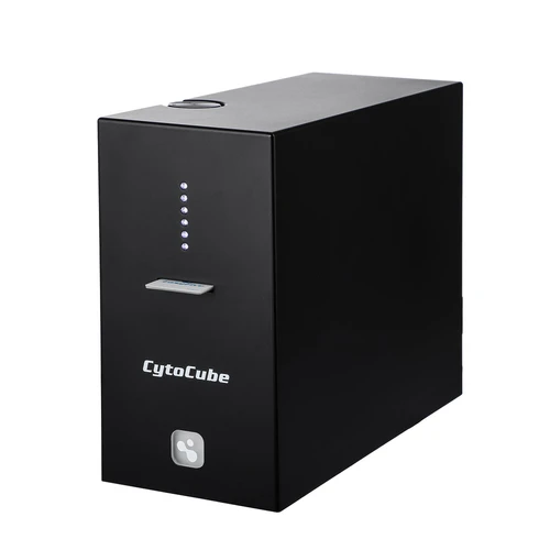 Black rectangular 4E's Cytocube cell counter with vertical LED indicators and a sample slide inserted.