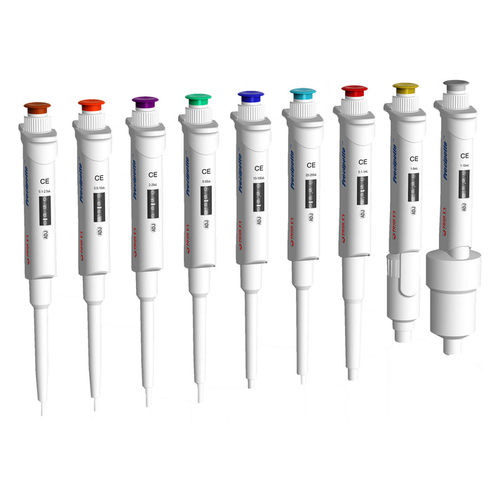 Nine 4E's Precipette adjustable single-channel pipettes in various color-coded volumes, standing vertically.