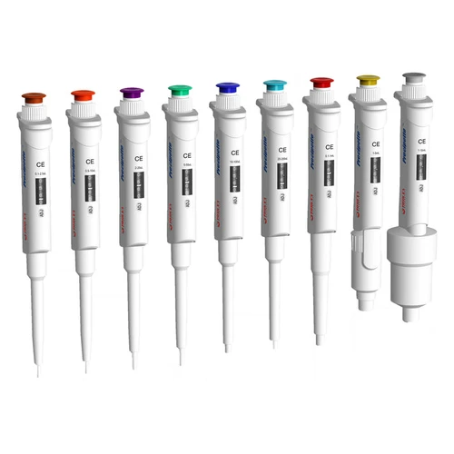 Line-up of nine 4E's Precipette adjustable-volume single-channel pipettes in various color-coded plungers.