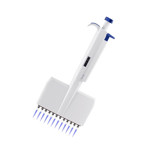 White 4E's 12-channel adjustable pipette with blue plunger and tips, angled view on black.