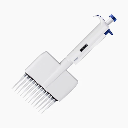4E's 12-channel adjustable white pipette with attached tips, shown at an angle against a white background.