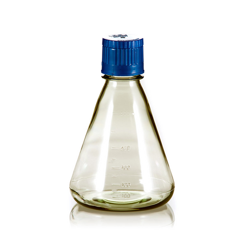 500mL Erlenmeyer Flask, Polycarbonate, Flat Bottom, Vented and Sealed Cap, Sterile, 12 Flasks per Pack