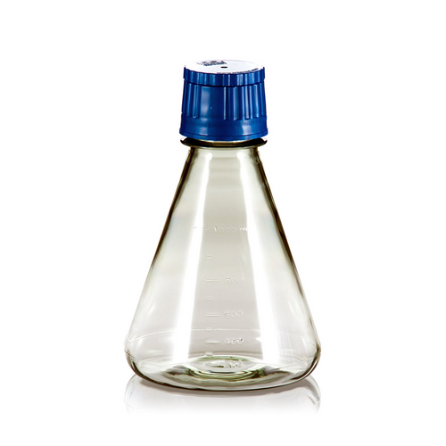 1000mL Erlenmeyer Flask, Polycarbonate, Flat Bottom, Vented and Sealed Cap, Sterile, 12 Flasks per Pack