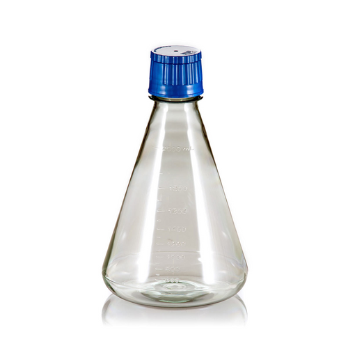 2000mL Erlenmeyer Flask, Polycarbonate, Flat Bottom, Vented and Sealed Cap, Sterile, 6 Flasks per Pack