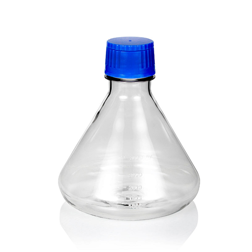 Clear polycarbonate 3000mL Erlenmeyer flask with a bright blue screw cap on a white background.