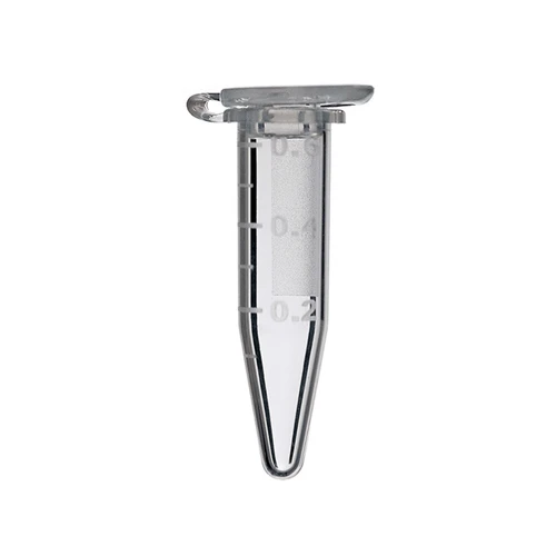 Clear 0.5 mL microcentrifuge tube with attached cap and volume graduation markings up to 0.6 mL.