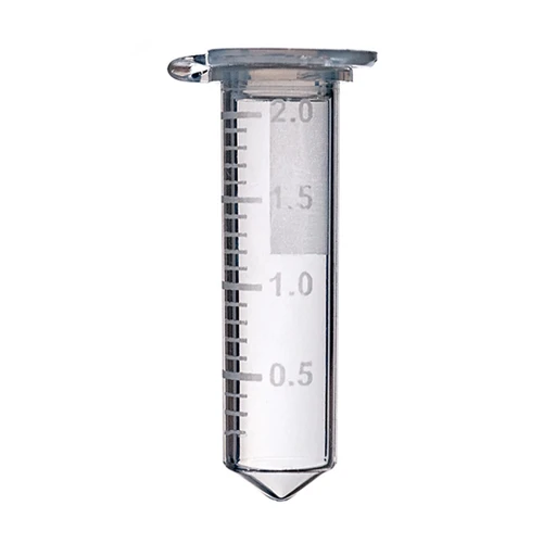 Clear plastic 2.0 mL microcentrifuge tube with graduation markings and attached cap, viewed straight-on.