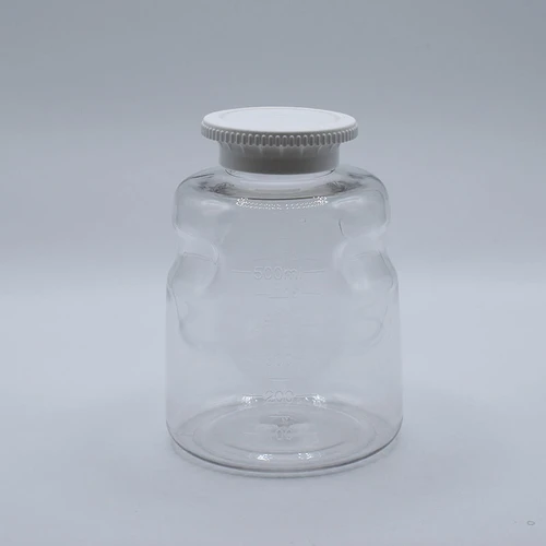 Clear polystyrene 500mL round media storage bottle with white easy-grip cap.