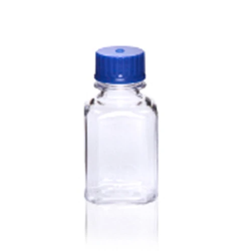 Clear square PETG media bottle with a blue screw cap, viewed from the front.