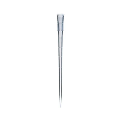 Clear extended-length 200uL pipette tip with graduations, viewed vertically.