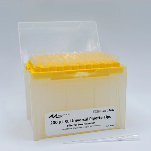 A full rack of 200 µL sterile, filtered pipette tips with one tip lying horizontally in front.