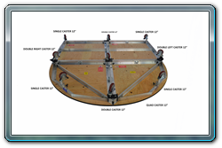 Bottom view of caster location on a 8 x 8 rolling riser with curved front