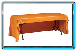 Orange conference cut throw cover with the back side open so you can sit behind the table.