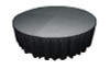 Top rated 16" High Black Shirred Pleat Wyndham Flame Retardant Polyester Stage Skirting with the Loop Side Fastener.  - Attached to a round stage.