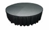 Top rated 12" High Black Expo Pleat Poly Premier Flame Retardant Polyester Stage Skirting with the Loop Side Fastener.  - Attached to a round stage.