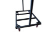 Closeup view the base and casters on our best selling Quik Stage 10-Deck Portable Stage Vertical Storage Cart for 4 x 8 Stage Decks.