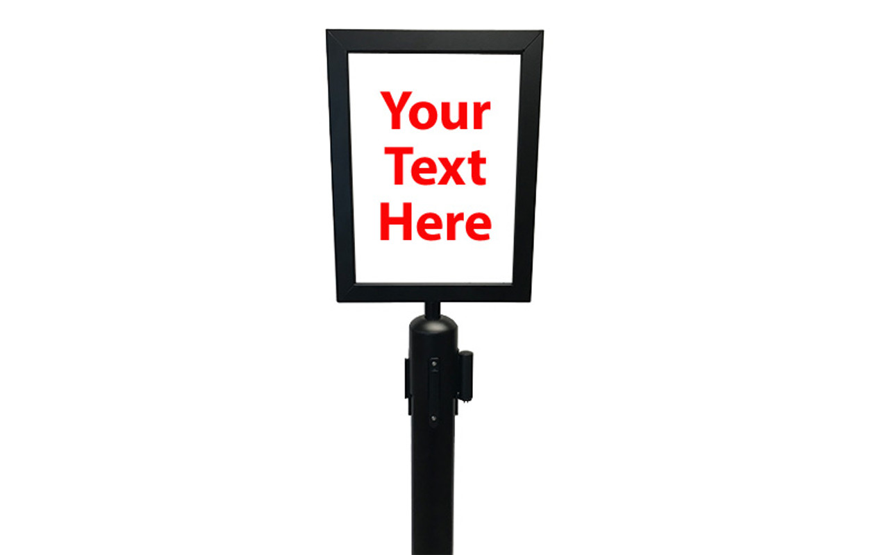 Best Seller 10 x 13 Retractable Belt Black Sign Frame - Black Sign frame on a black retractable belt post stanchion (top view).