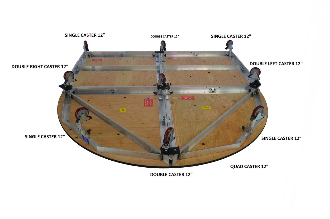 Best reviewed Quik Stage 8' x 8' x 12" High Round Front Rolling Drum Riser Package  - Bottom View showing caster style and placement