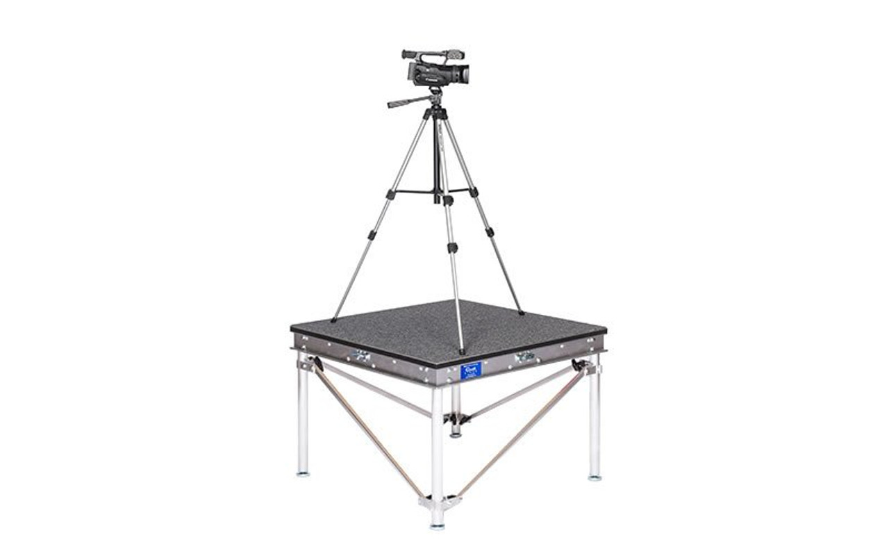 Quik Stage 4' x 4' x 24" High Camera Platform or Riser with Diagonal Cross Braces. Angle Side View with Camera