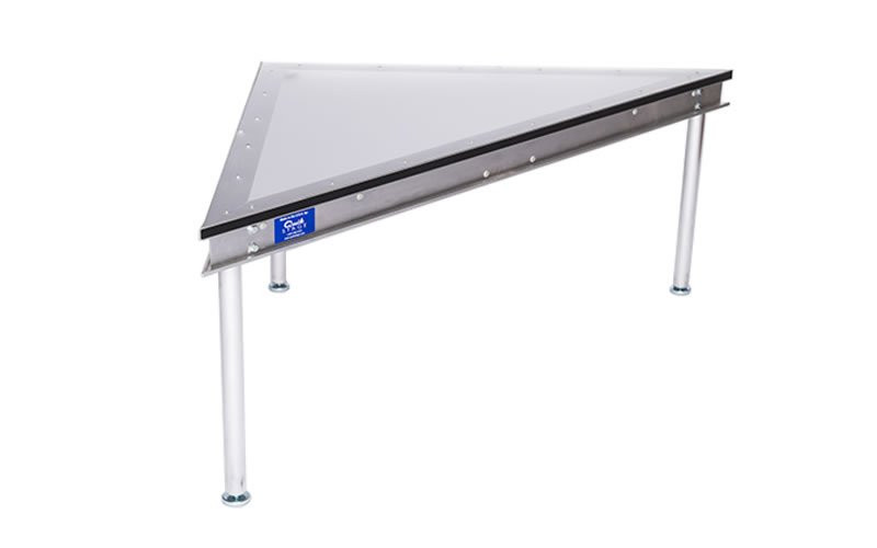 Best rated Quik Stage 3' x 4' x 8" High Portable Stage Deck with a Clear/Frosted Plexiglas Surface. Additional Heights Available.  Angle deck.