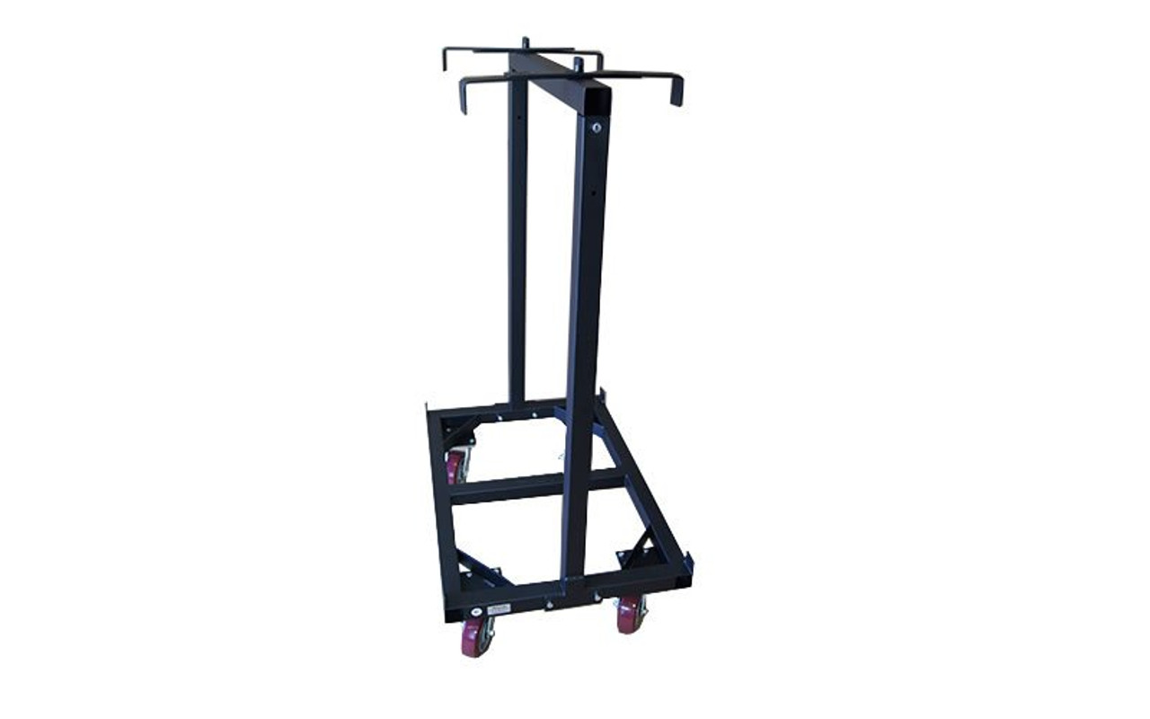 Slightly angled view with top brackets deployed on our best selling Quik Stage 6-Deck Portable Stage Vertical Storage Cart for 4 x 4 Stage Decks