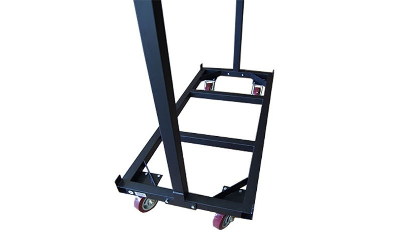 Closeup view of the heavy-duty base and casters on our best selling Quik Stage 6-Deck Portable Stage Vertical Storage Cart for 4 x 8 Stage Decks
