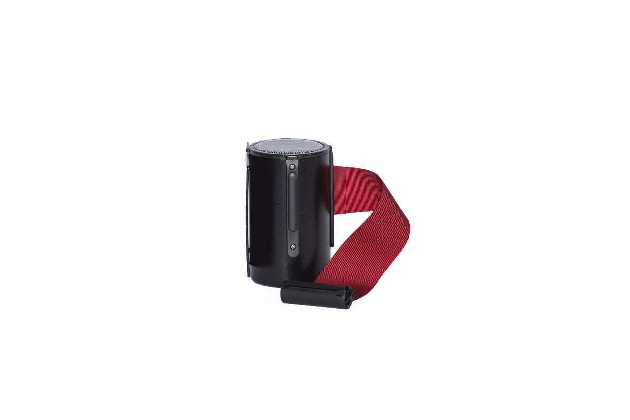 Top Selling Black Retractable Belt Wall Mount Stanchion or Safety Barrier with an 8' belt - Left Side View with Burgundy Belt.