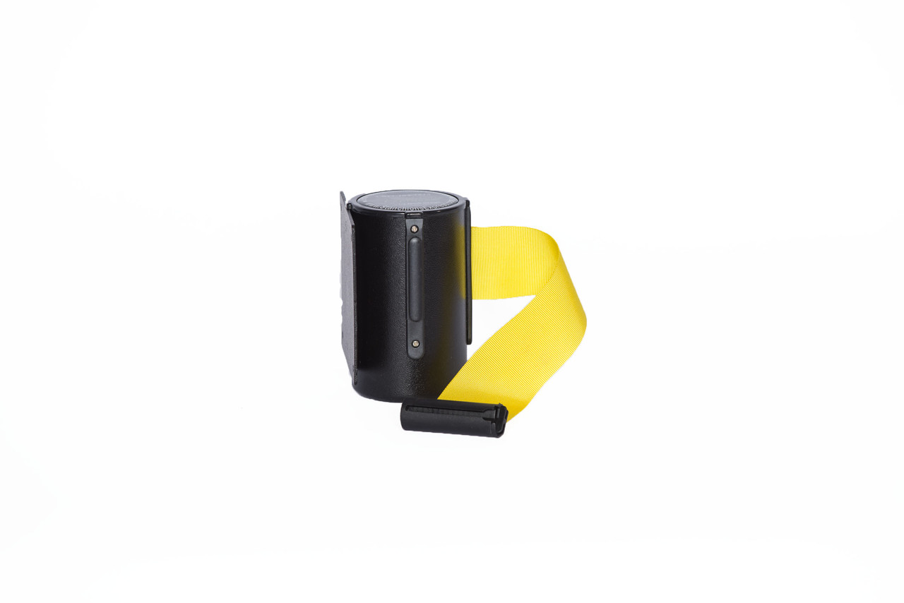 Top Selling Black Retractable Belt Wall Mount Stanchion or Safety Barrier with an 8' belt - Left Side View with Yellow Belt.