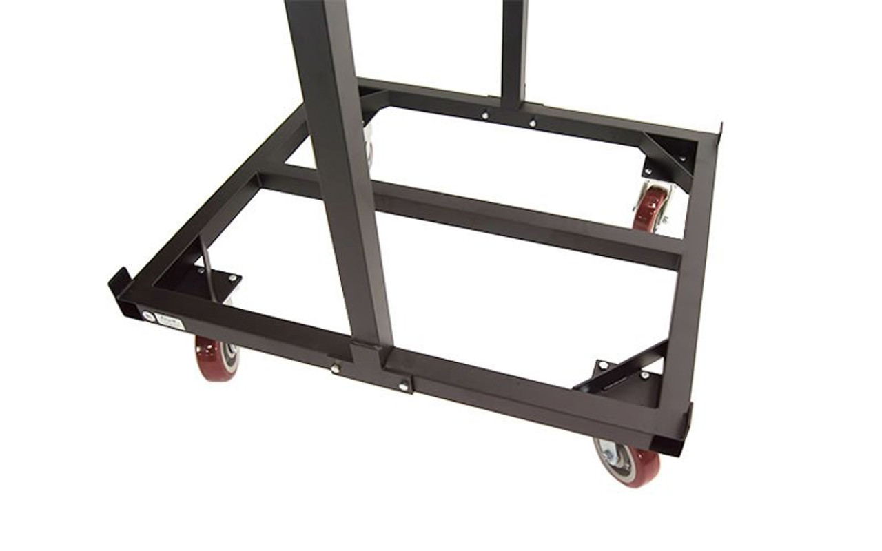 Closeup of our heavy-duty base on our top selling Quik Stage 10-Deck Portable Stage Vertical Storage Cart for 4 x 4 Stage Decks.