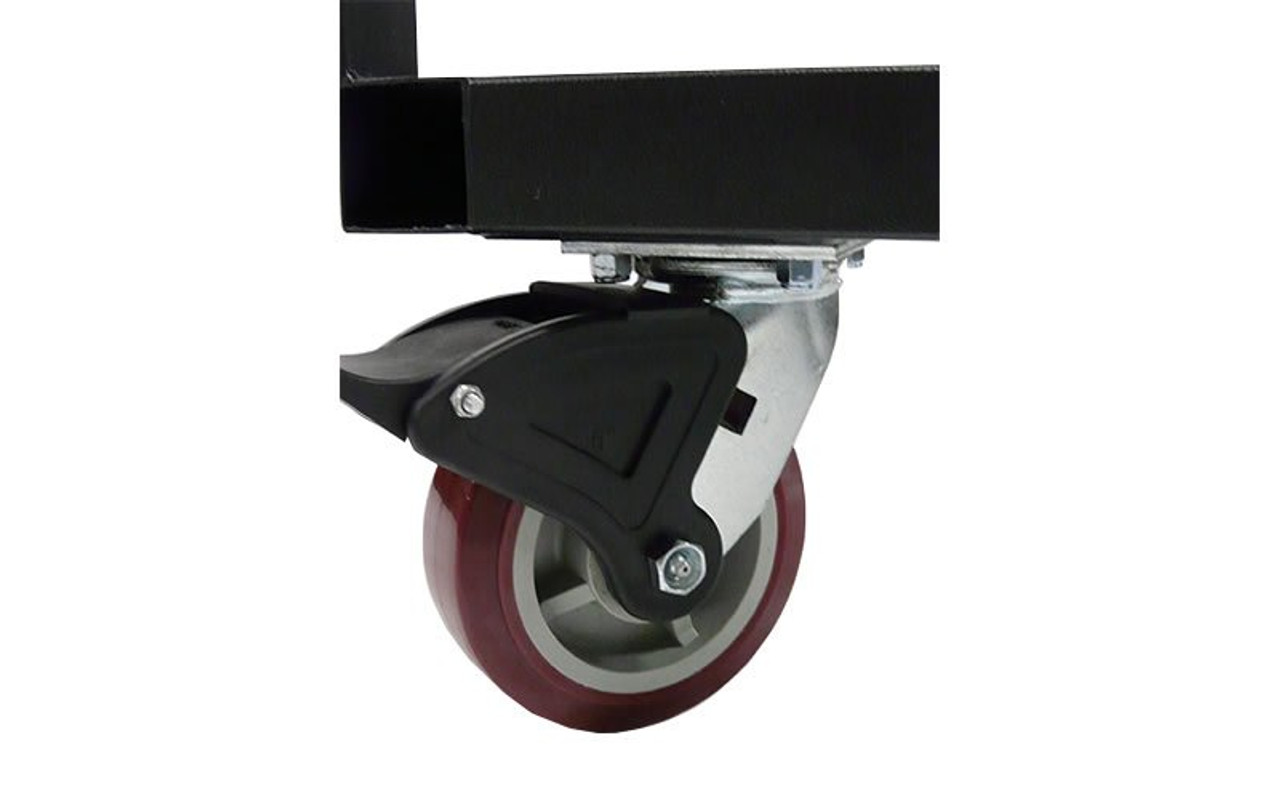 Closeup of a caster wheel on our top selling Quik Stage 10-Deck Portable Stage Vertical Storage Cart for 4 x 4 Stage Decks.