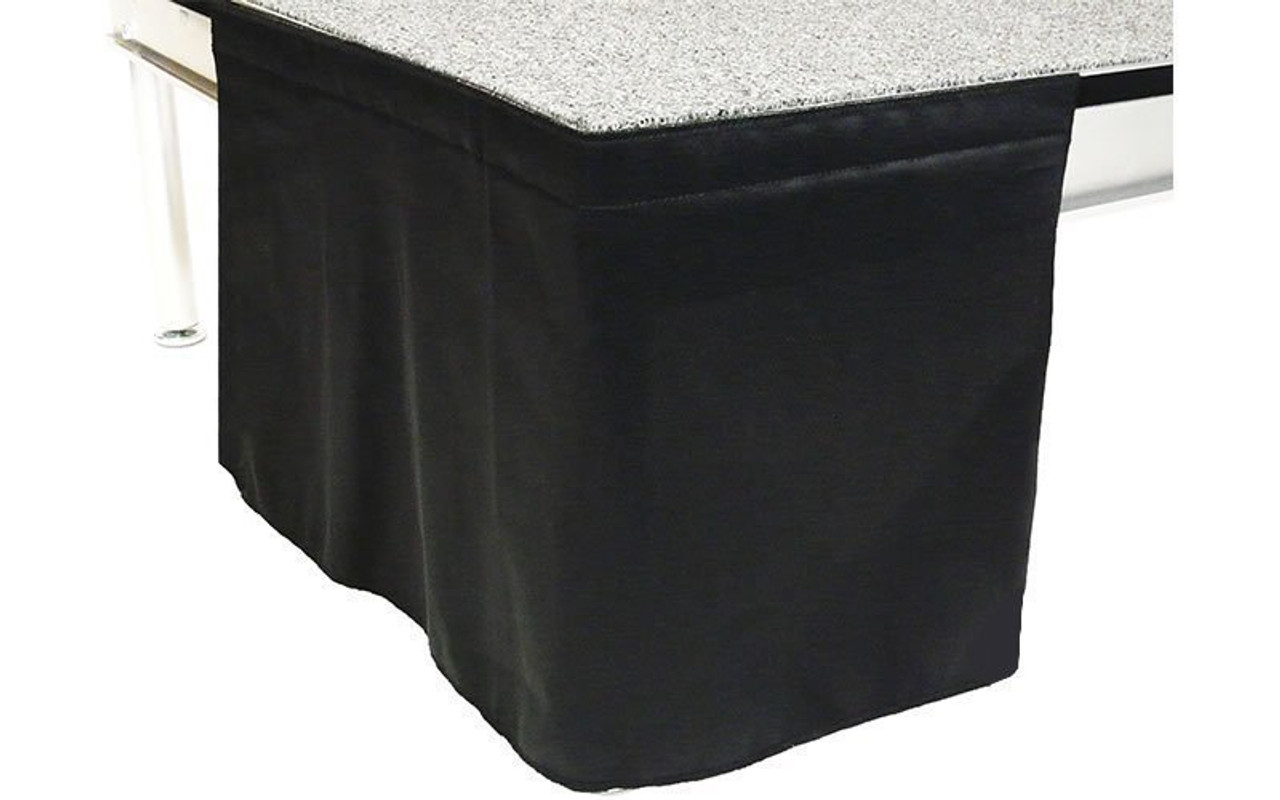 8 Inch High Flat No Pleat Black Polyester Top Rated Stage Skirting with Velcro. FR Rated. - Close up of Flat, no pleat, skirting on stage.