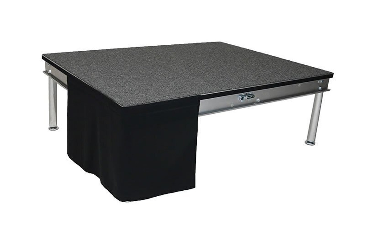 8 Inch High Flat No Pleat Black Polyester Top Rated Stage Skirting with Velcro. FR Rated. - Flat, no pleat, stage skirting.